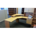 Blonde L-Suite Desk w Monitor Riser and Overhead Storage